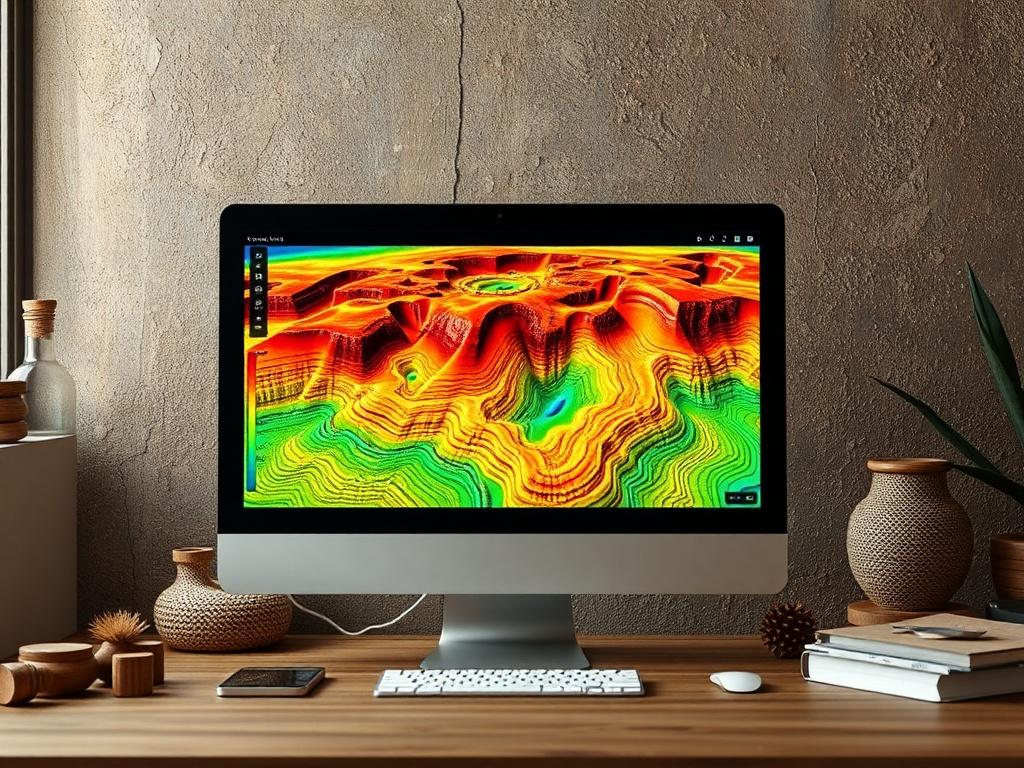 A realistic high-resolution image featuring a computer screen displaying a detailed 3-D electrical resistivity model of a geothermal system. The model should be vibrant and visually engaging, showcasing intricate layers and variations in resistivity. The background should have a subtle, rustic aesthetic with natural tones and earthy textures to complement the subject. The lighting should be soft and warm, enhancing the focus on the computer screen while providing a cozy, inviting atmosphere.
